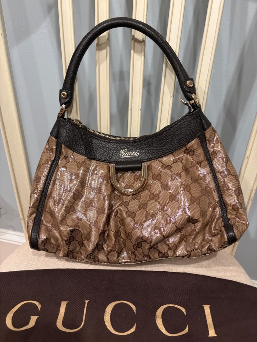 Gucci Brown GG Monogram Glossy Hobo Shoulder Bag with Black Trim Gold Hardware